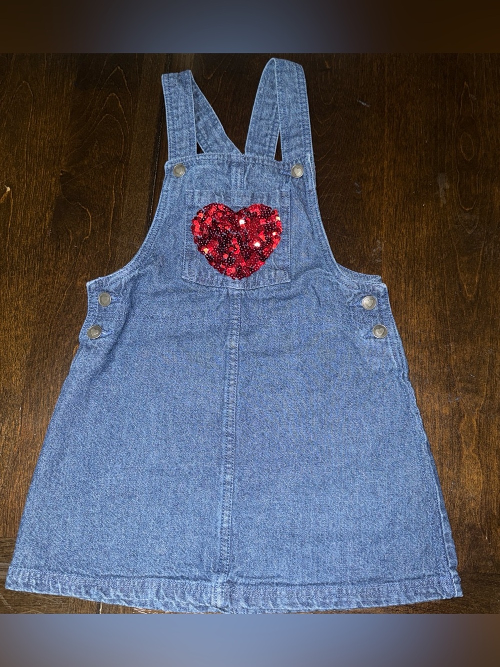 Max Studio Girls' Denim Jumper Dress – Red Sequin Heart – Size 4